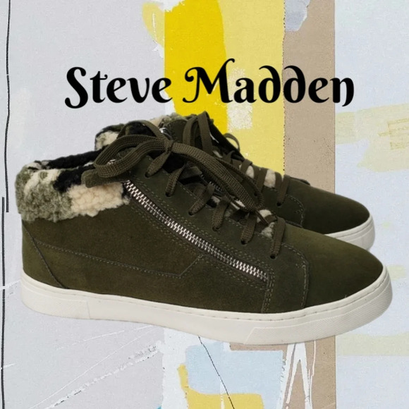 Steve Madden Kameo Green Suede Camouflage Faux Fur Sneakers sz 11 Retro look - Picture 1 of 10